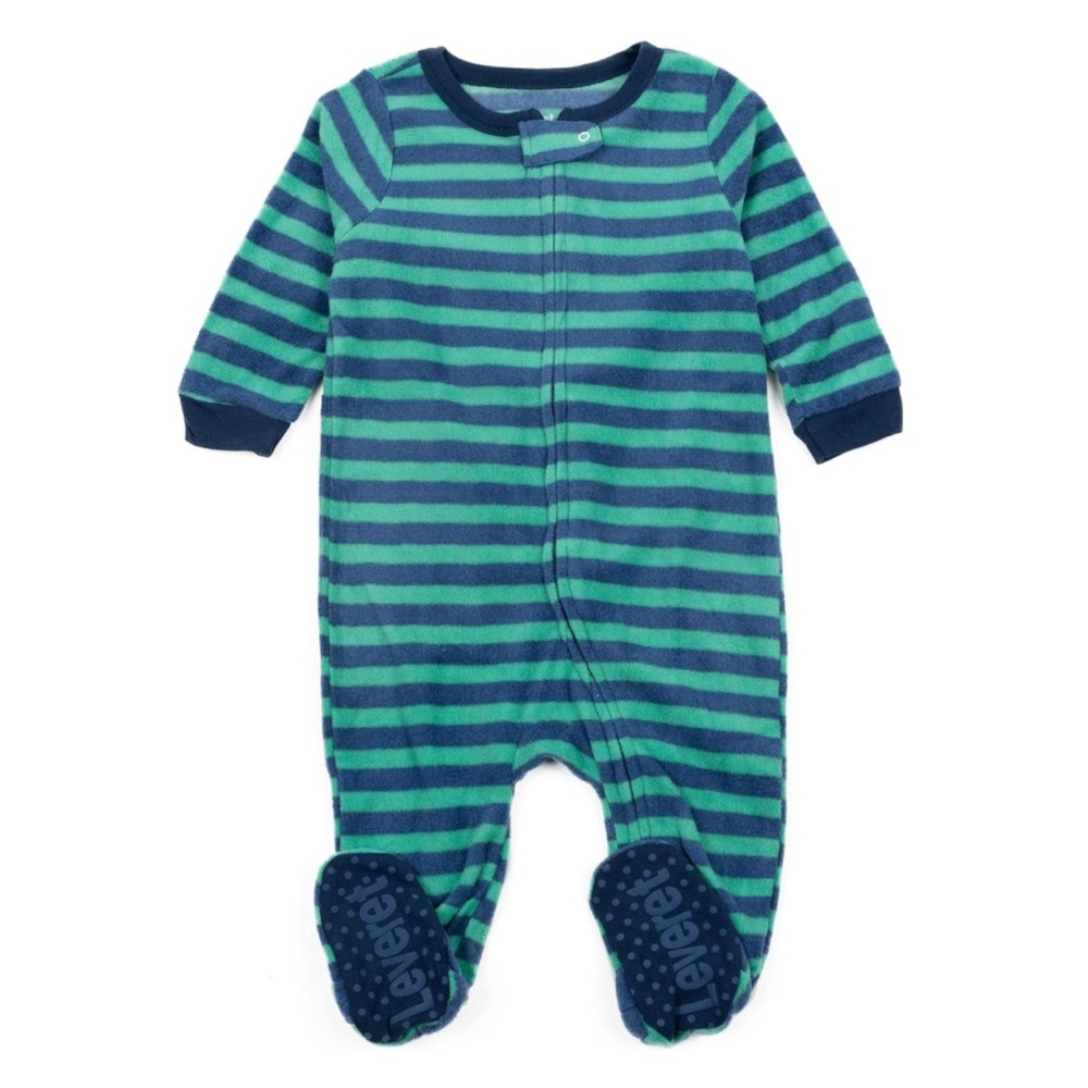 Blue & Green Fleece Striped Kids One Piece Sleeper Footie with Grips- Teal Green